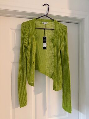 Fashion Nova Bright Lime Open-Knit Button Front Cardigan